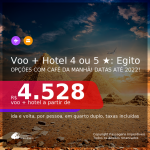 <b>PASSAGEM + HOTEL 4 ou 5 ESTRELAS com CAFÉ DA MANHÃ</b> em <b>Cairo, no EGITO</b>, inclusive, de hotéis com vista para as PIRÂMIDES ou para o RIO NILO! A partir de R$ 4.528, por pessoa, quarto duplo, c/ taxas! Datas até 2022! Em até 10x SEM JUROS!