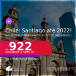 Passagens para o <b>CHILE: Santiago</b>, com datas para viajar a partir de OUT/21 até MAIO/22! A partir de R$ 922, ida e volta, c/ taxas!