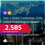 7 dias no Chile! <strong>PASSAGEM + HOTEL 5 ESTRELAS</strong> em <strong>SANTIAGO</strong>, com datas para viajar a partir de Novembro/21 até 2022! A partir de R$ 2.585, por pessoa, quarto duplo, c/ taxas! Opções com CAFÉ DA MANHÃ incluso! Em até 10x SEM JUROS!